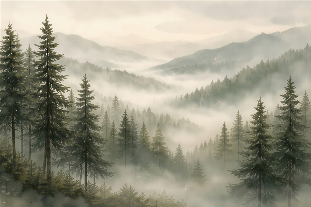 Fototapet Pădure montană cețoasă în zori