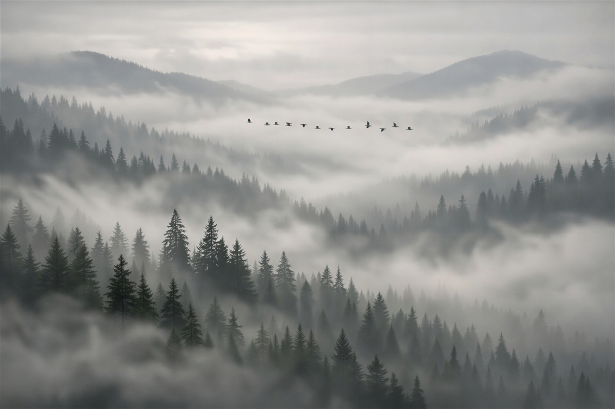 Fototapet Pădure cețoasă cu stol de păsări