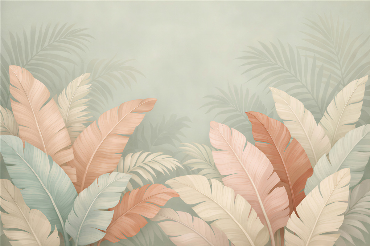 Fototapet Compoziție tropicală de frunze în tonuri pastelate