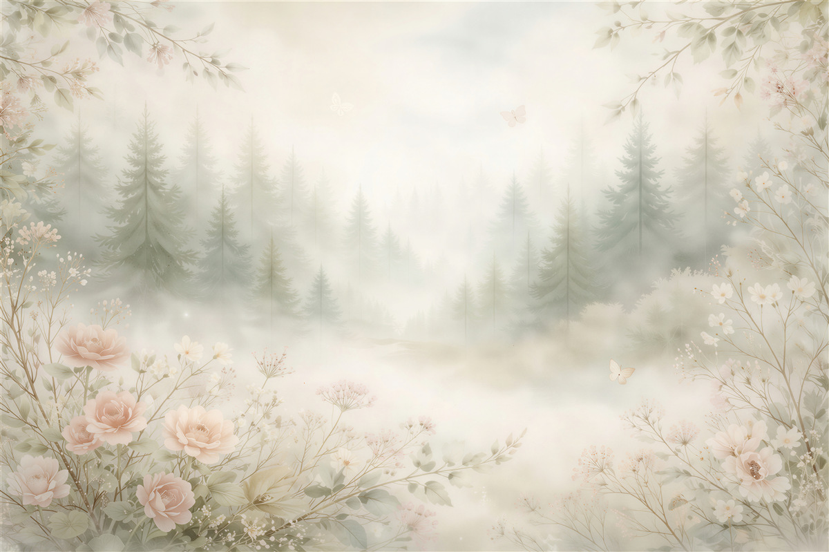 Fototapet Ceață de pădure printre flori pastelate