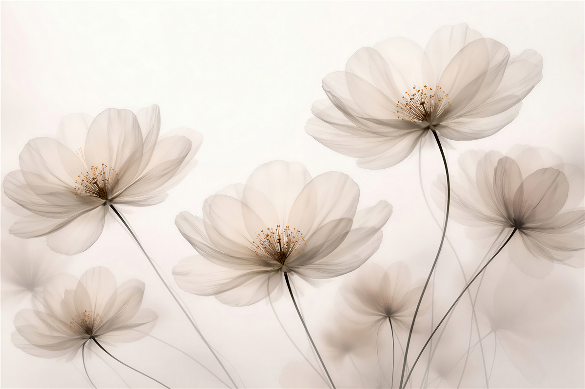 Fototapet Flori cosmos eterice în alb subtil