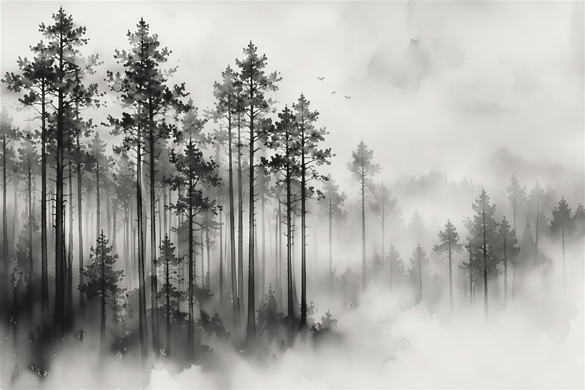 Fototapet Pădure în ceață în monocrom