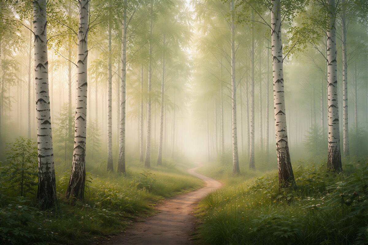 Fototapet Cărare de pădure în strălucirea mesteacănului