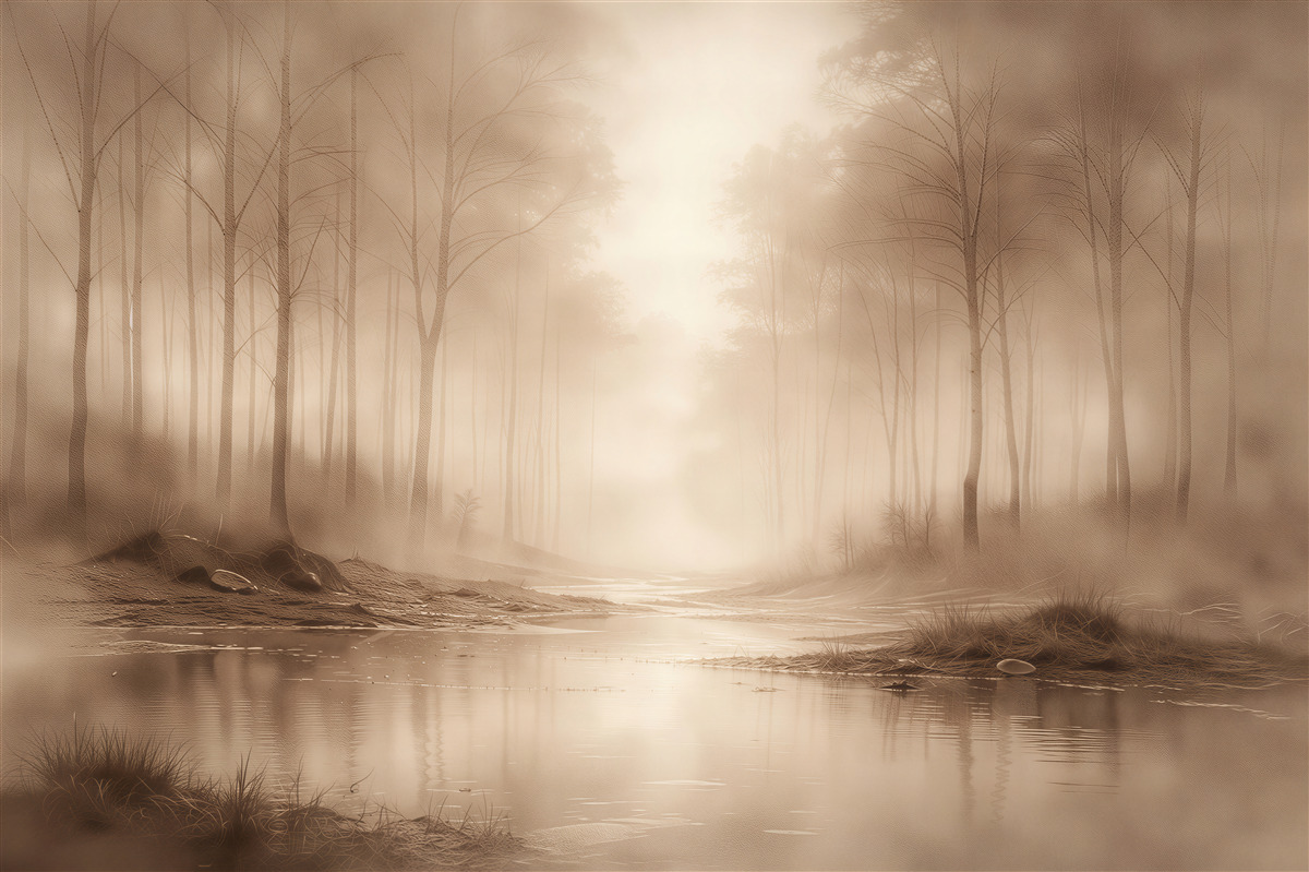 Fototapet Iaz de pădure în ceață sepia