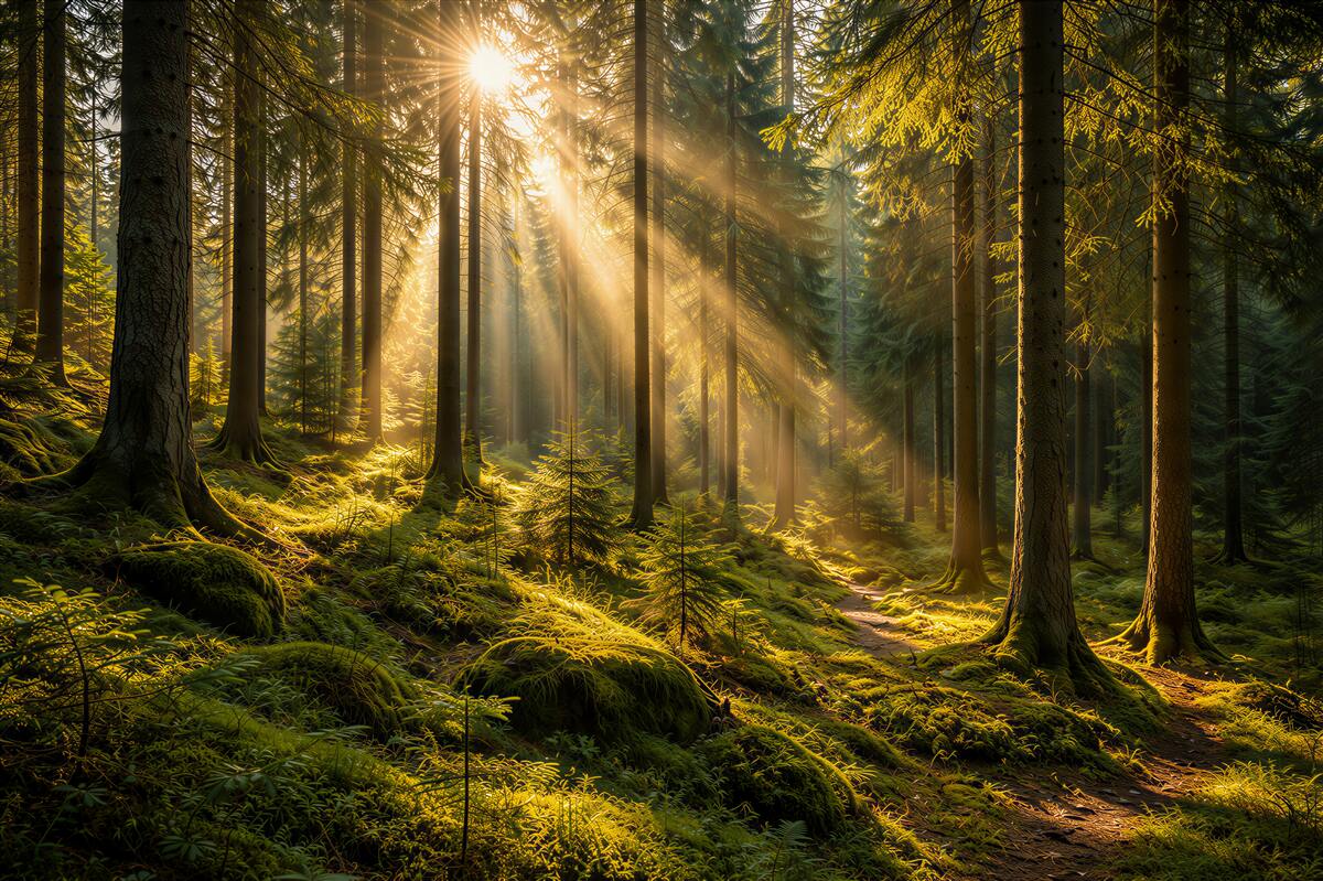 Fototapet Dimineață în pădure în raze aurii