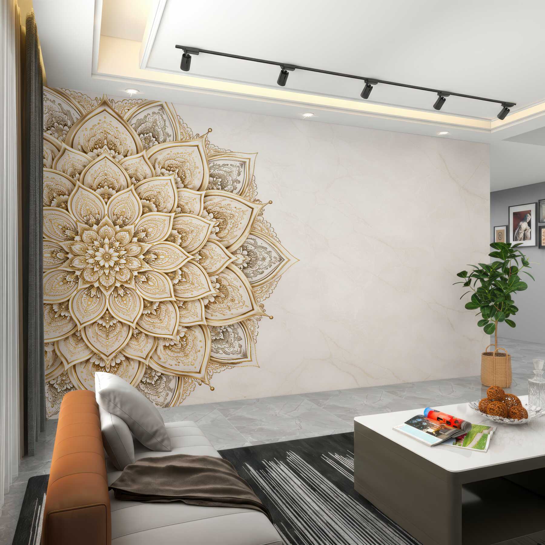 Fototapet Mandala aurie pe marmură deschisă