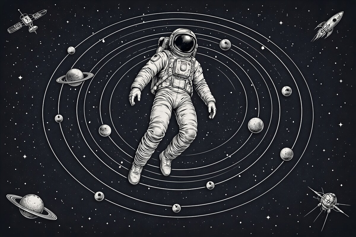 Fototapet Astronaut printre planete retro