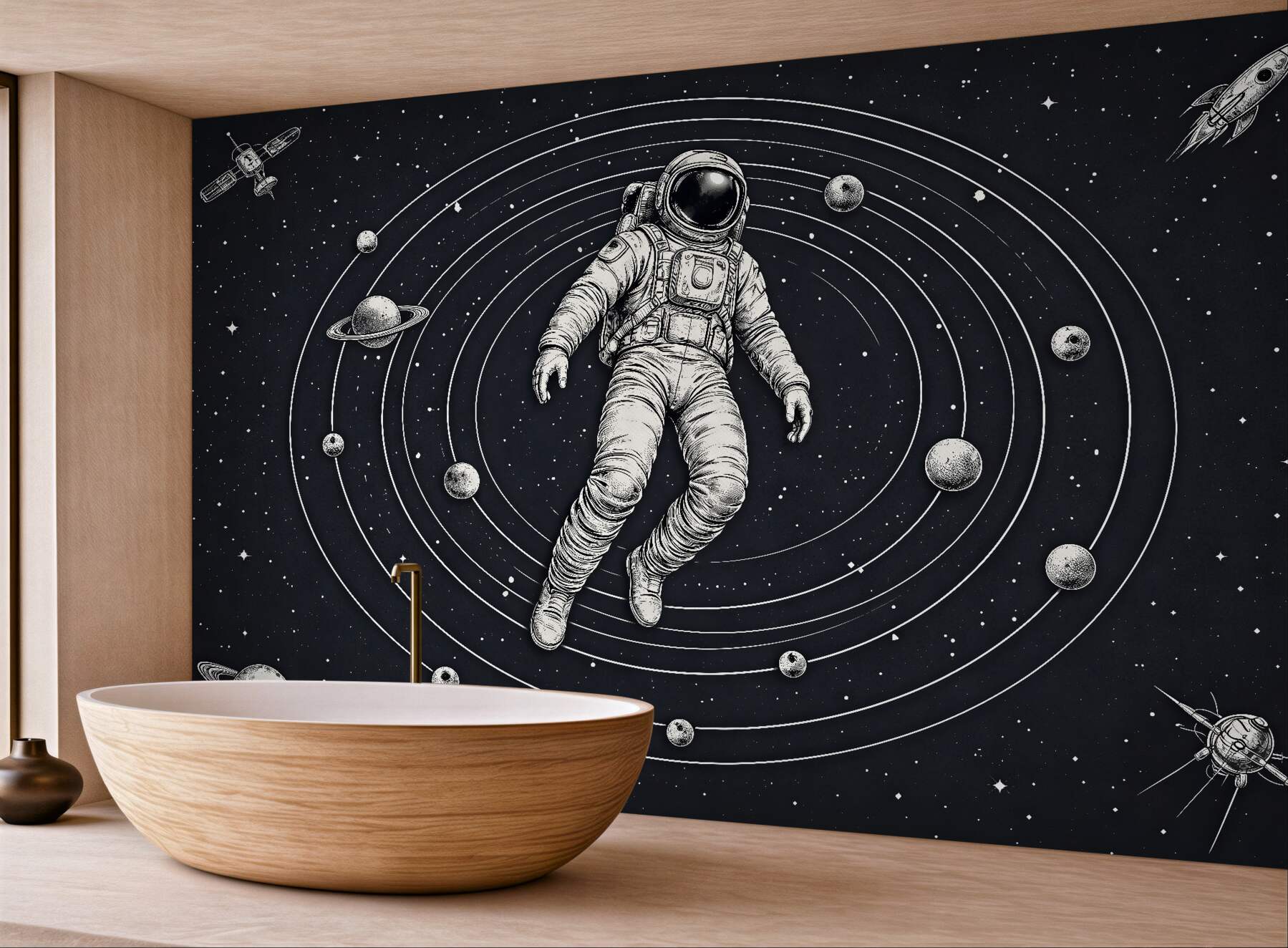Fototapet Astronaut printre planete retro
