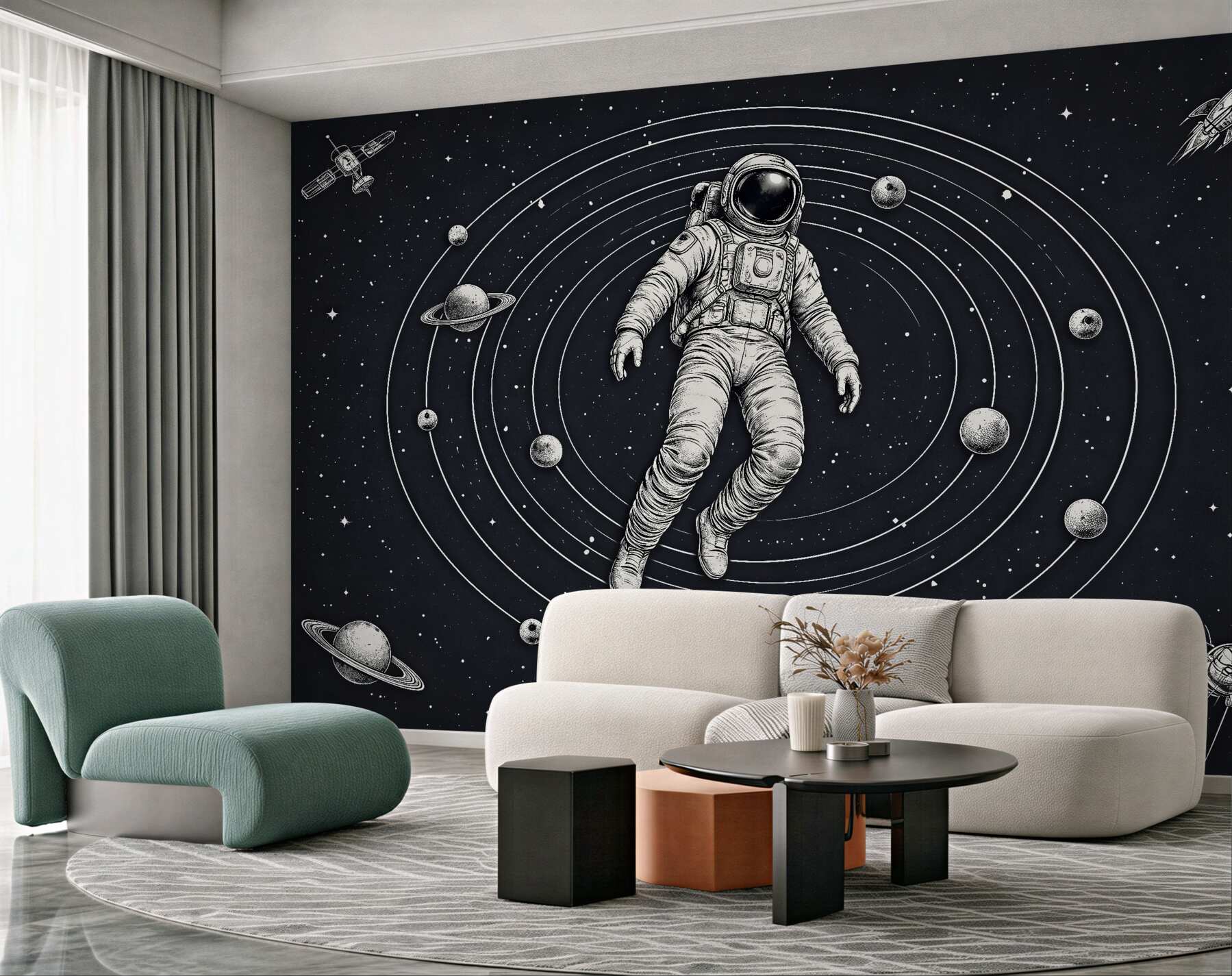 Fototapet Astronaut printre planete retro