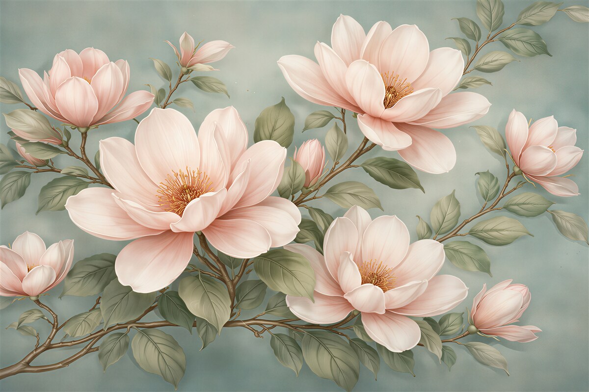 Fototapet Magnolii pudrate pe fundal turcoaz