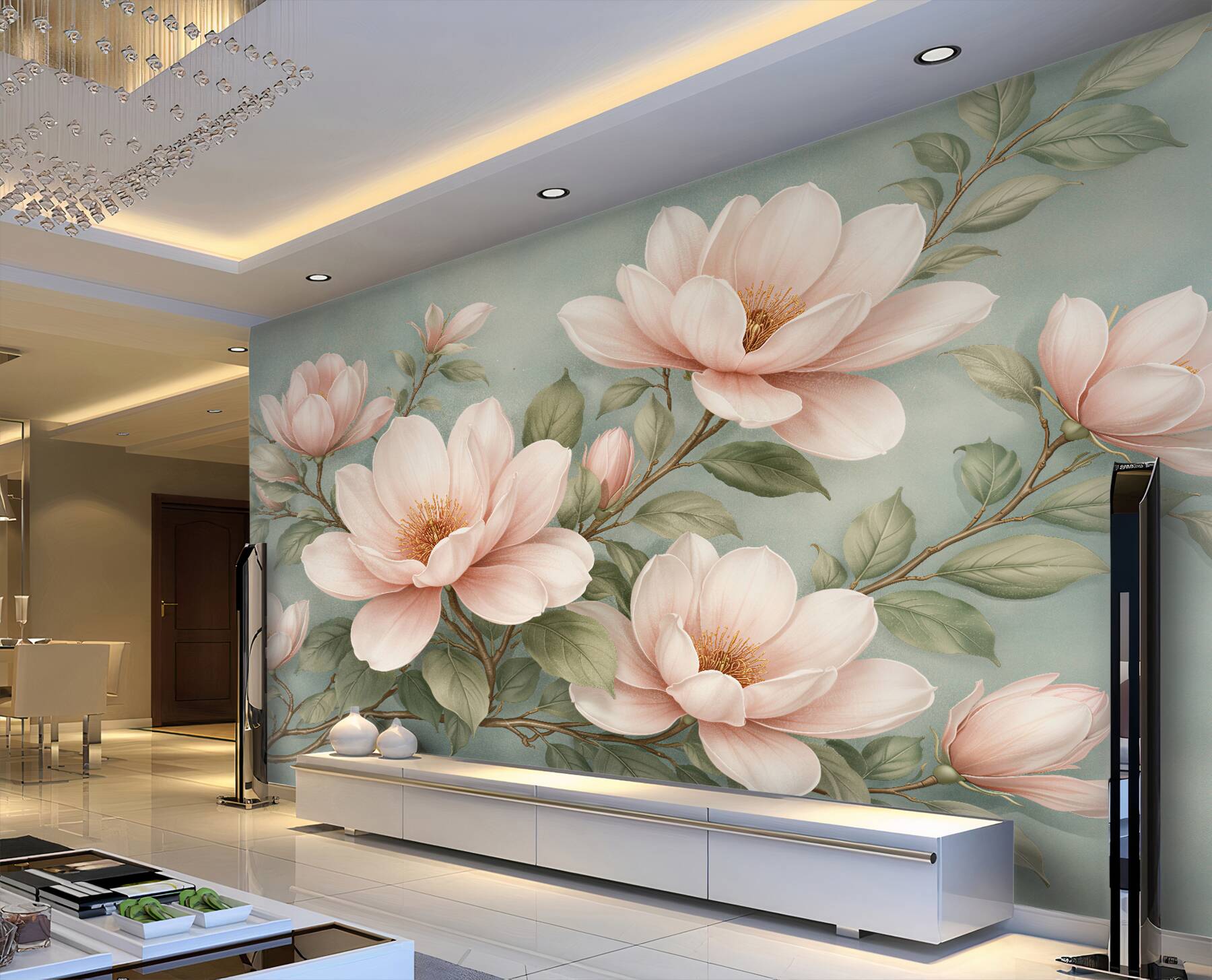Fototapet Magnolii pudrate pe fundal turcoaz