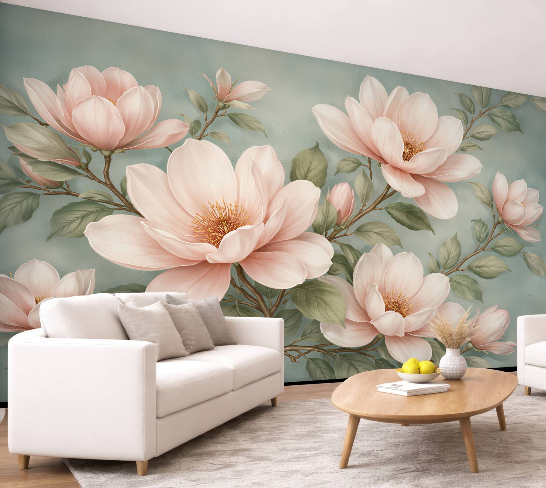Fototapet Magnolii pudrate pe fundal turcoaz