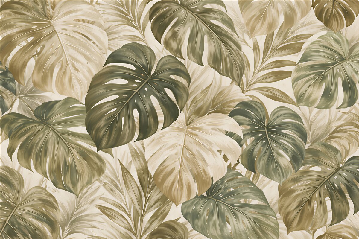 Fototapet Frunze bej de monstera în stil retro