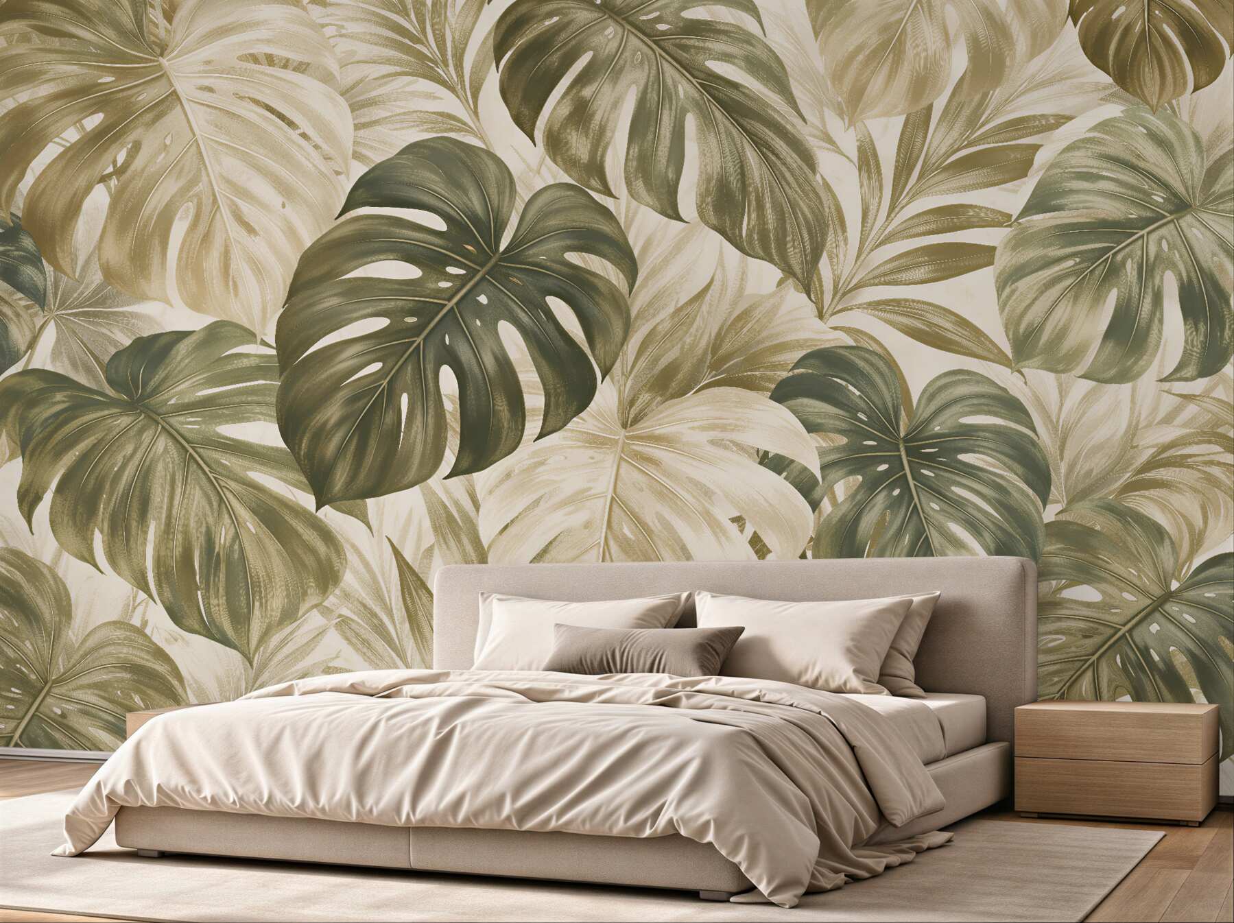 Fototapet Frunze bej de monstera în stil retro