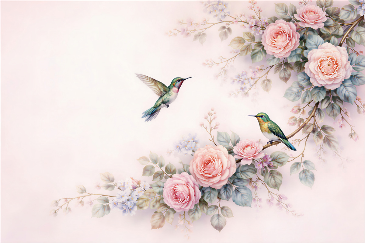 Fototapet Colibri printre trandafiri pastel