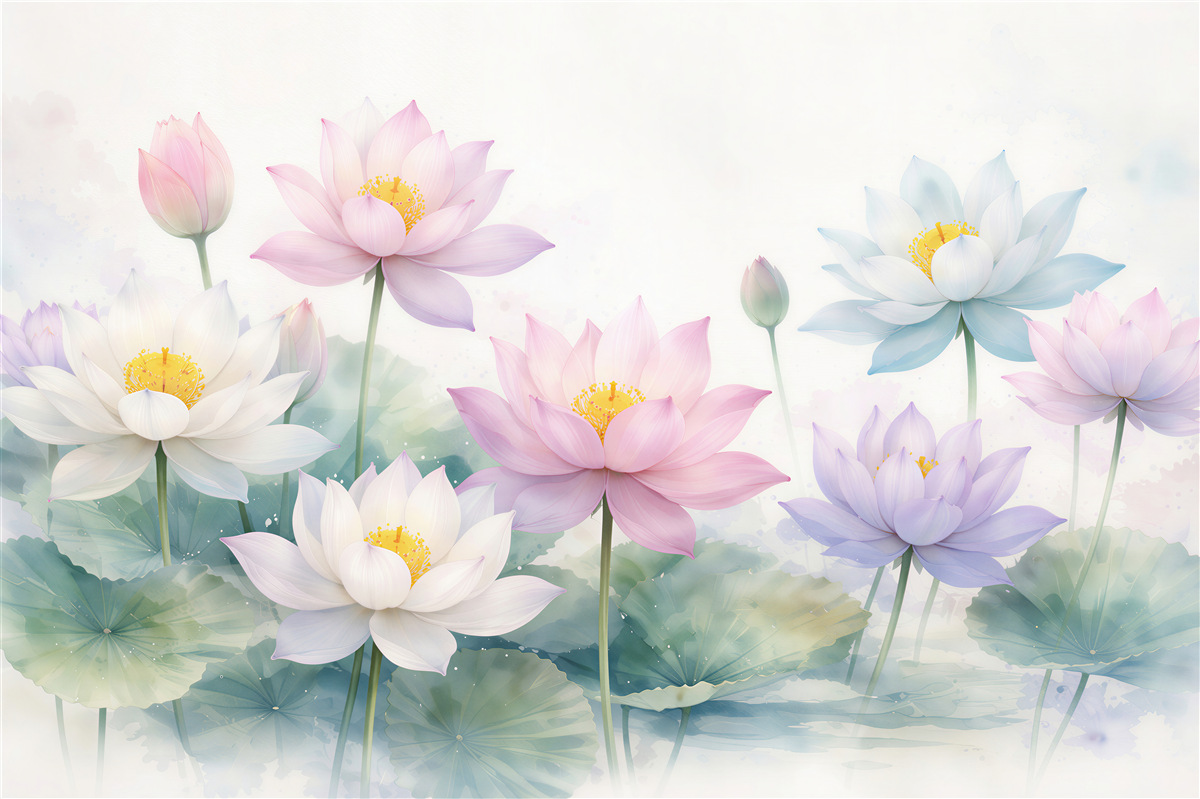 Fototapet Lotuși pastel deasupra apei liniștite