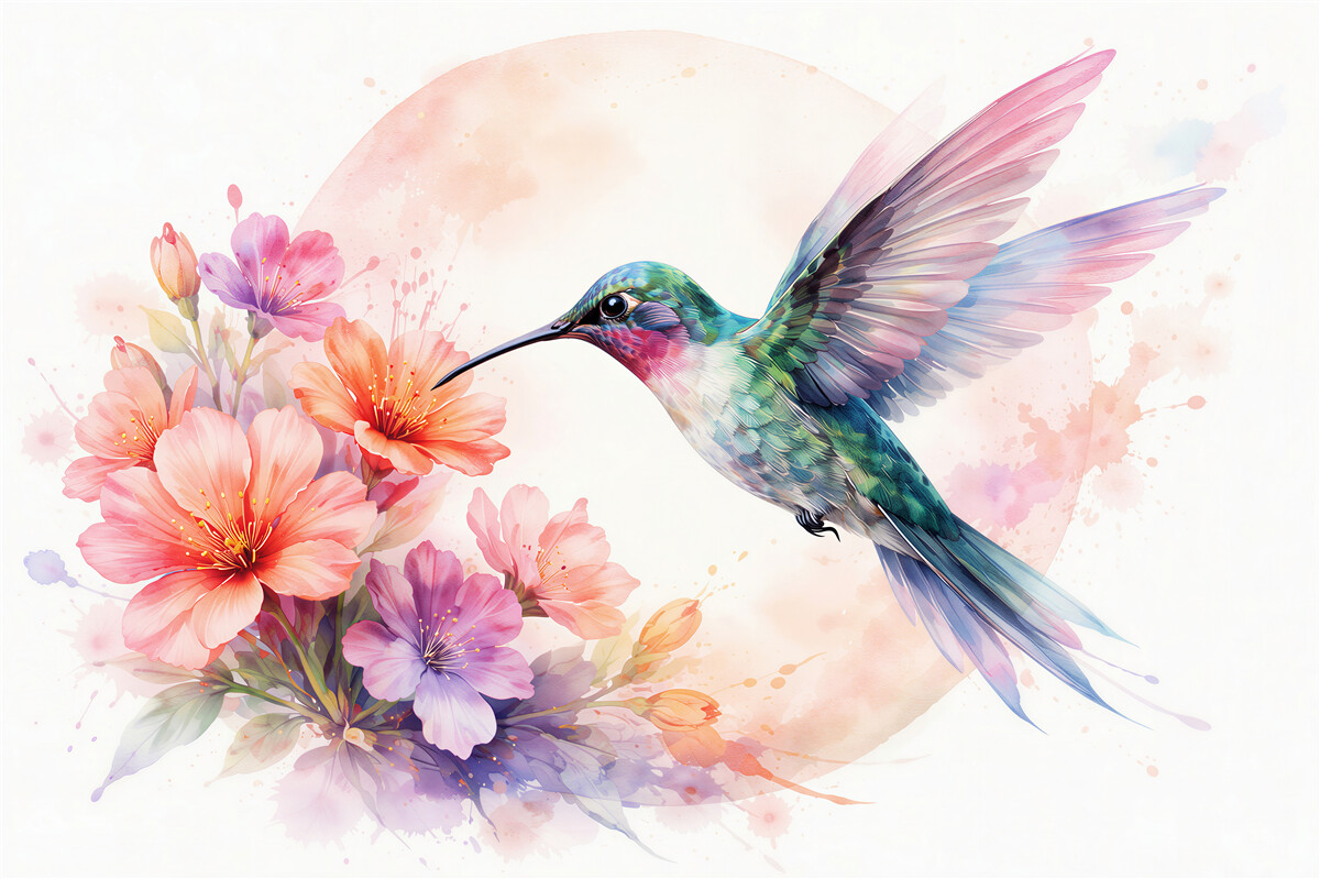 Fototapet Colibri în acuarelă printre flori pastelate