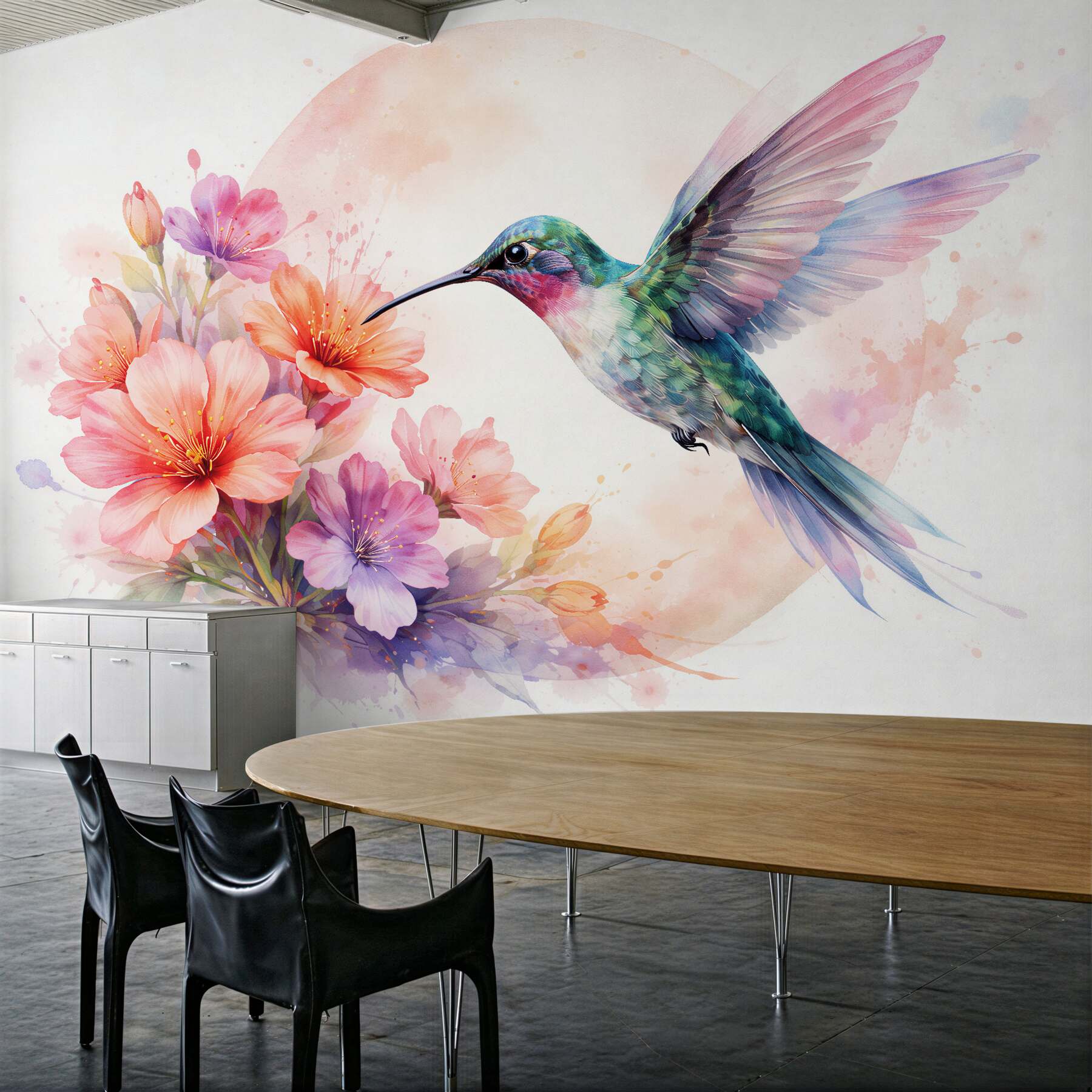 Fototapet Colibri în acuarelă printre flori pastelate