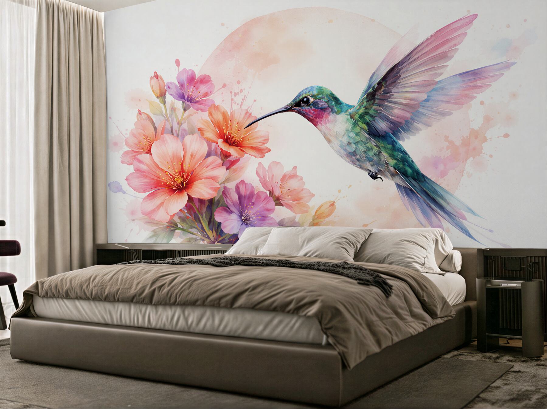 Fototapet Colibri în acuarelă printre flori pastelate
