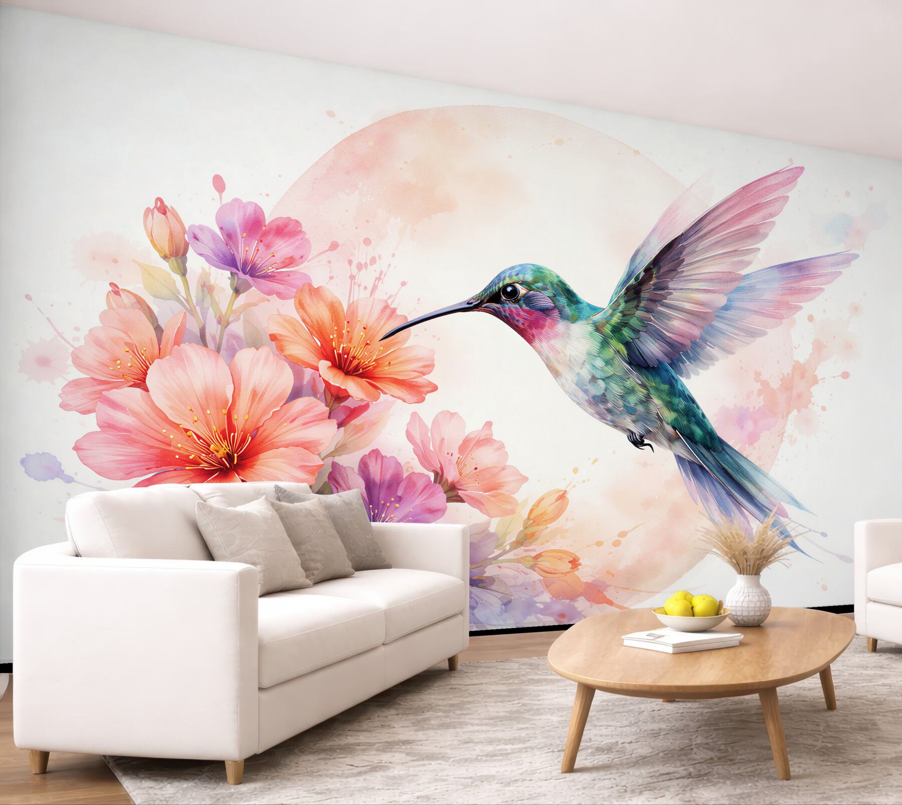 Fototapet Colibri în acuarelă printre flori pastelate