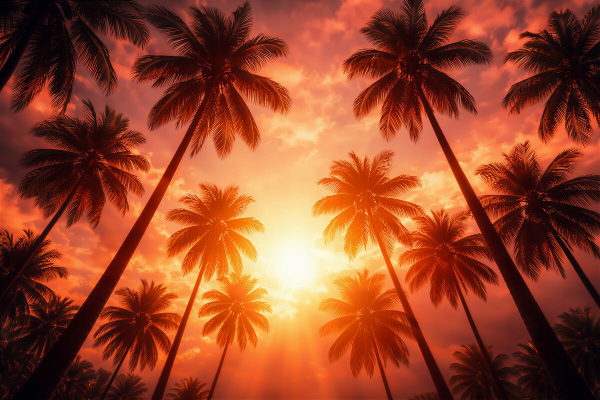 Fototapet Palmieri tropicali în apus înflăcărat