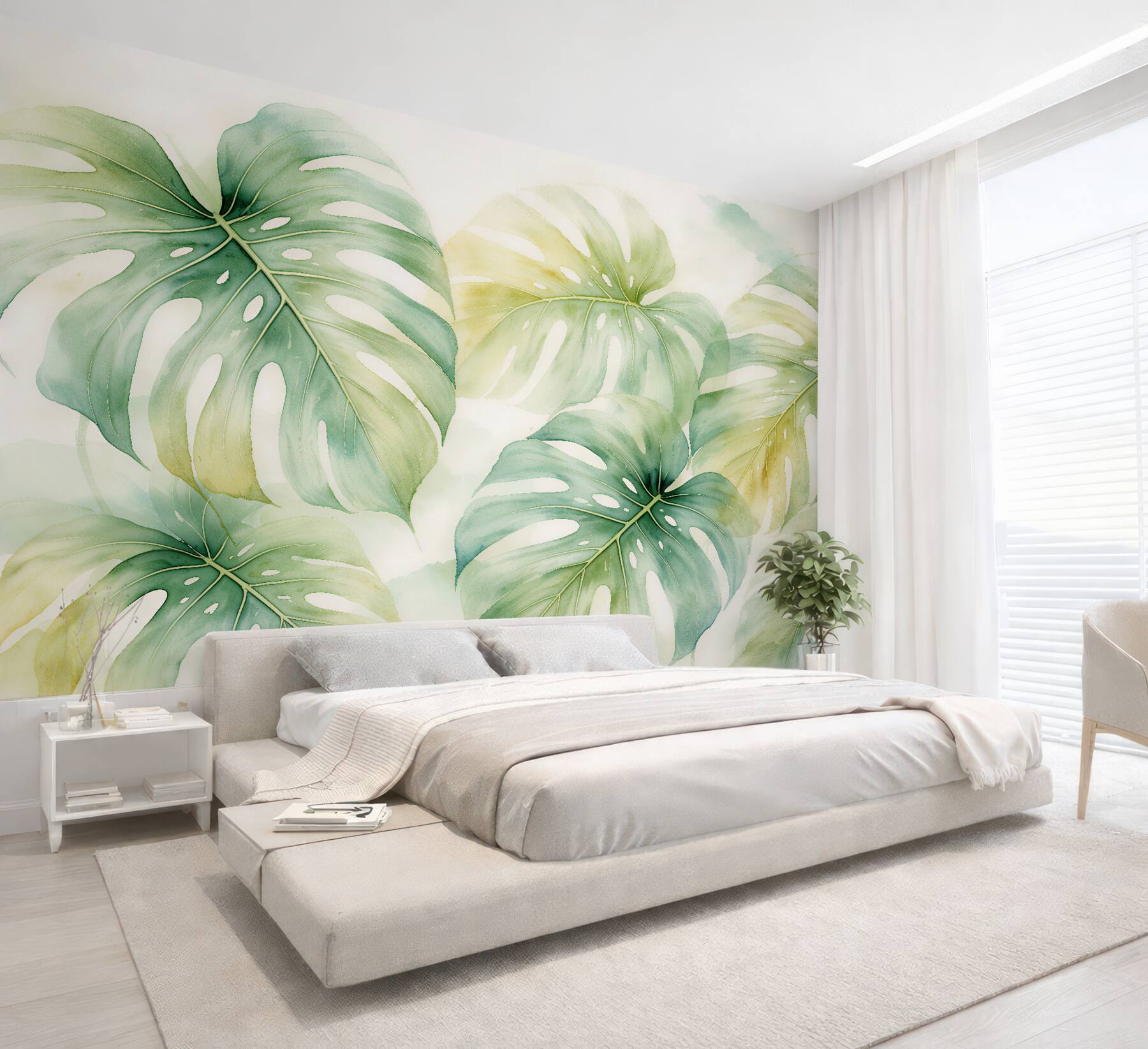 Fototapet Frunze de monstera în verde, în acuarelă