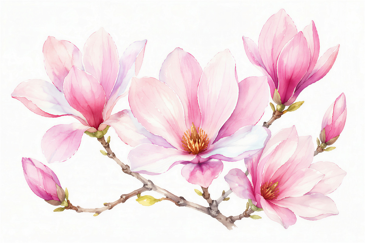 Fototapet Magnolie roz în acuarelă