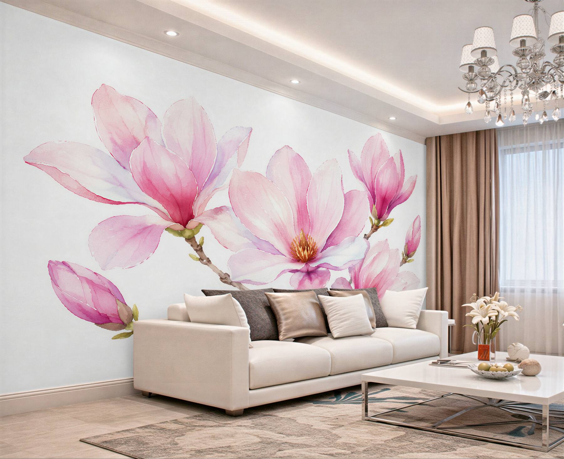Fototapet Magnolie roz în acuarelă