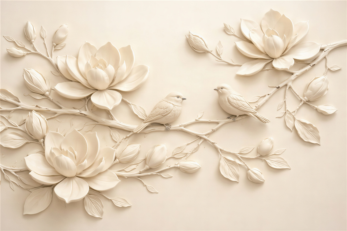 Fototapet Magnolii crem cu păsări