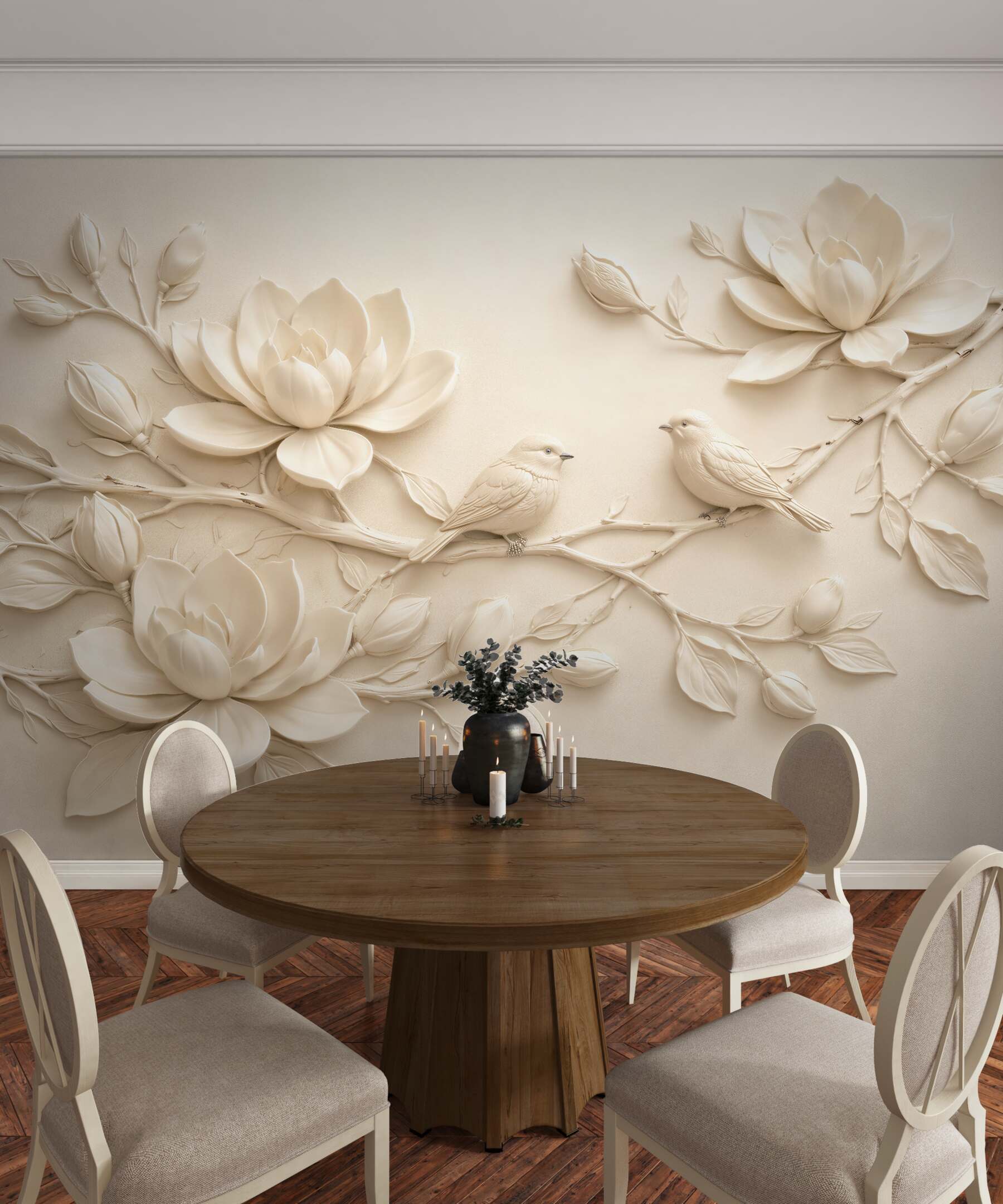 Fototapet Magnolii crem cu păsări