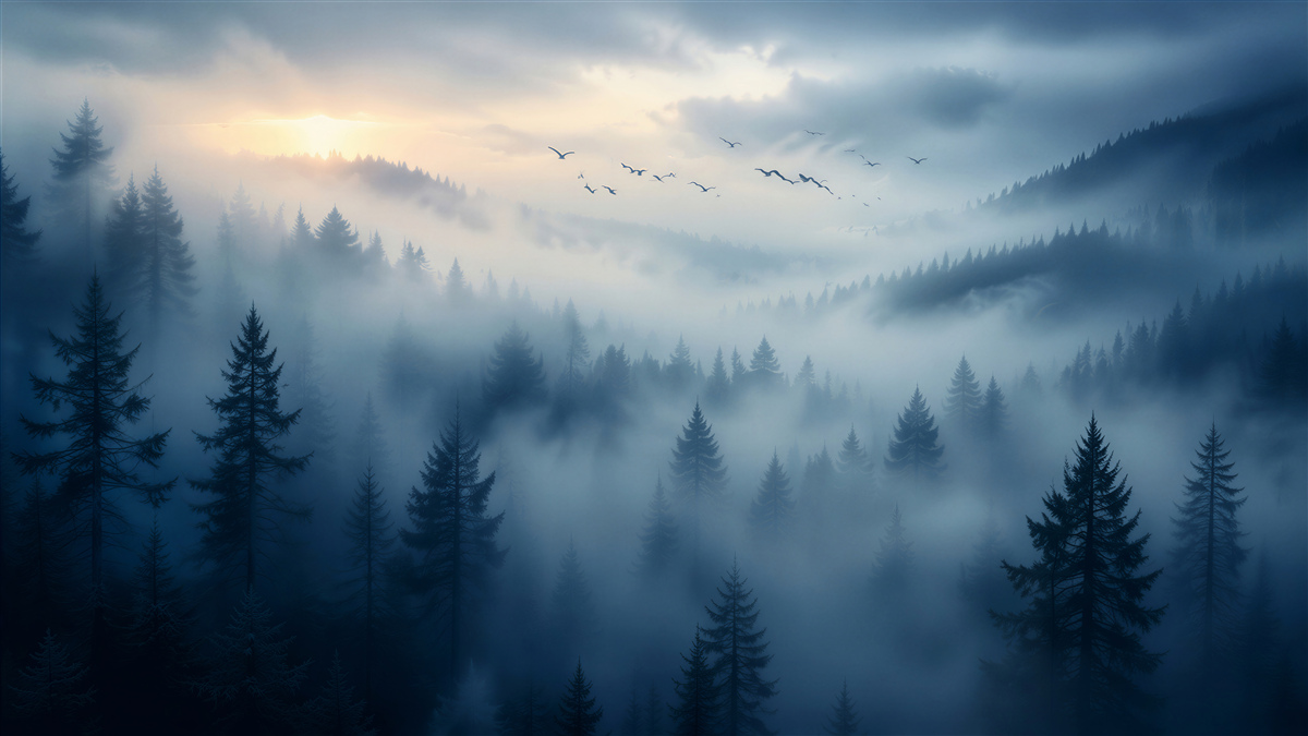 Fototapet Pădure cețoasă în zori