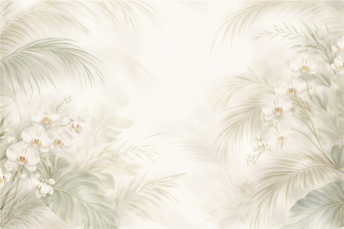Fototapet Orhidee crem și frunze de palmier