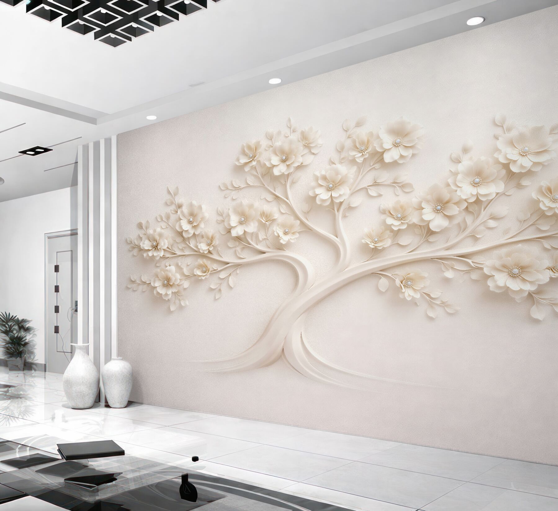 Fototapet Copac crem cu relief floral