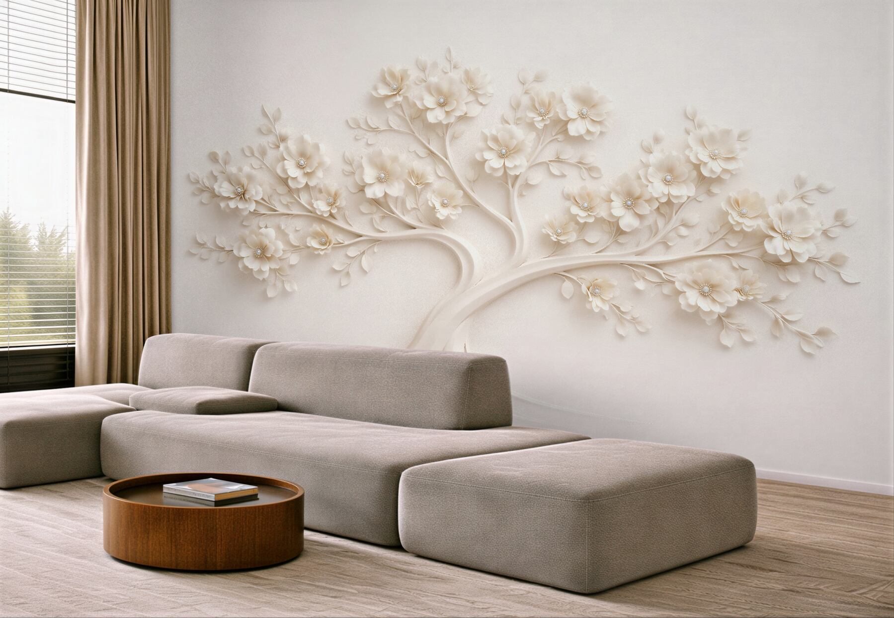 Fototapet Copac crem cu relief floral