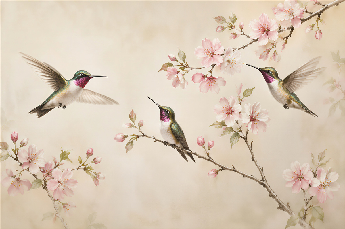 Fototapet Colibri printre ramuri înflorite