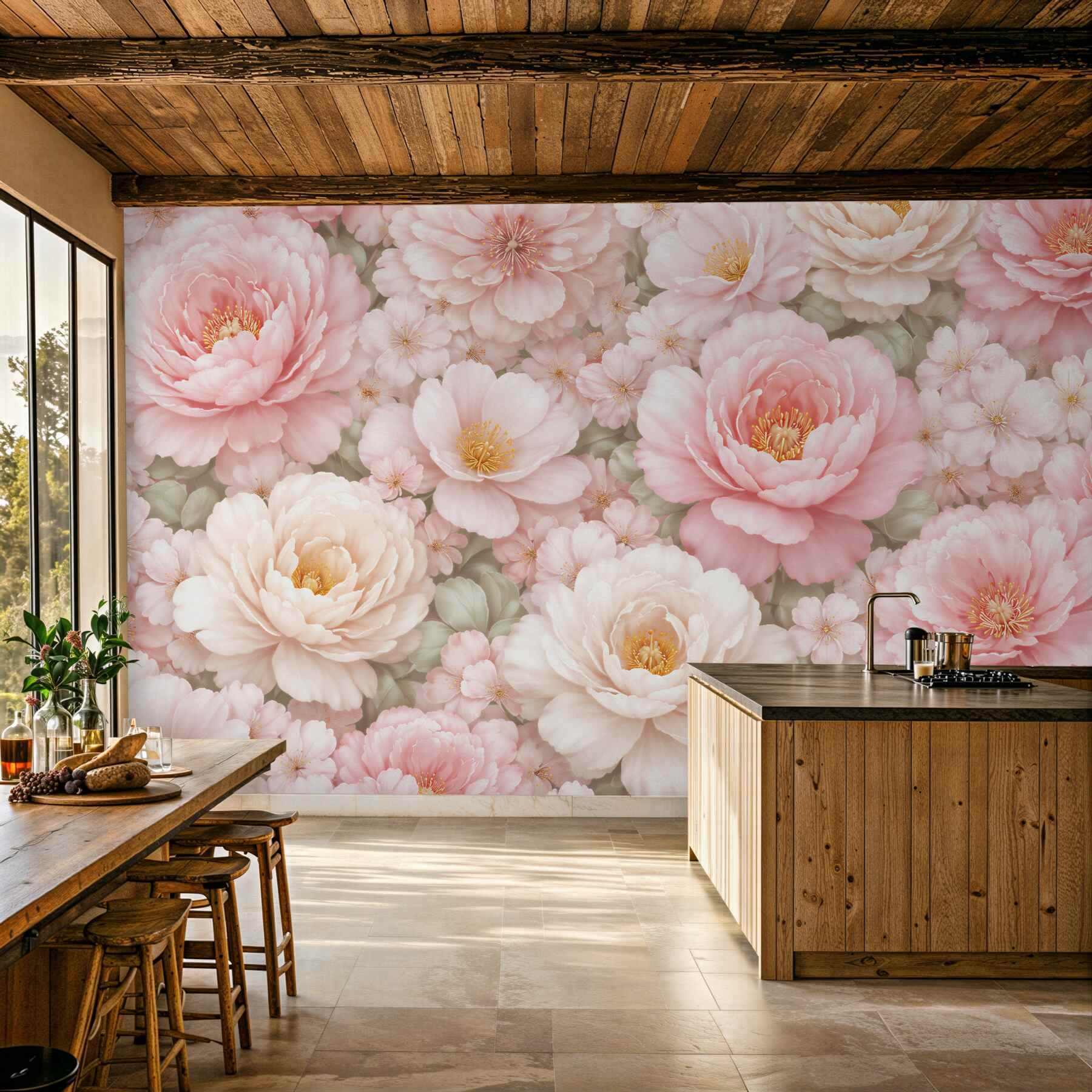 Fototapet Bujori pudrați în desiș floral