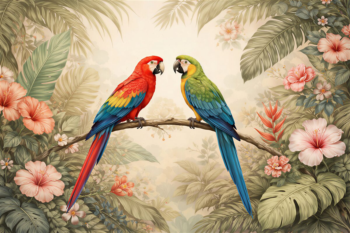 Fototapet Ara colorați în flori tropicale