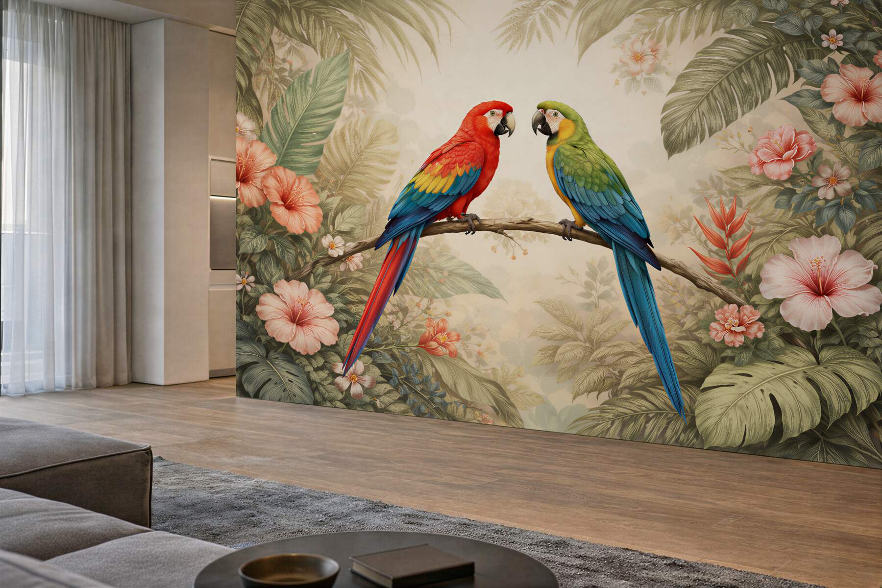 Fototapet Ara colorați în flori tropicale