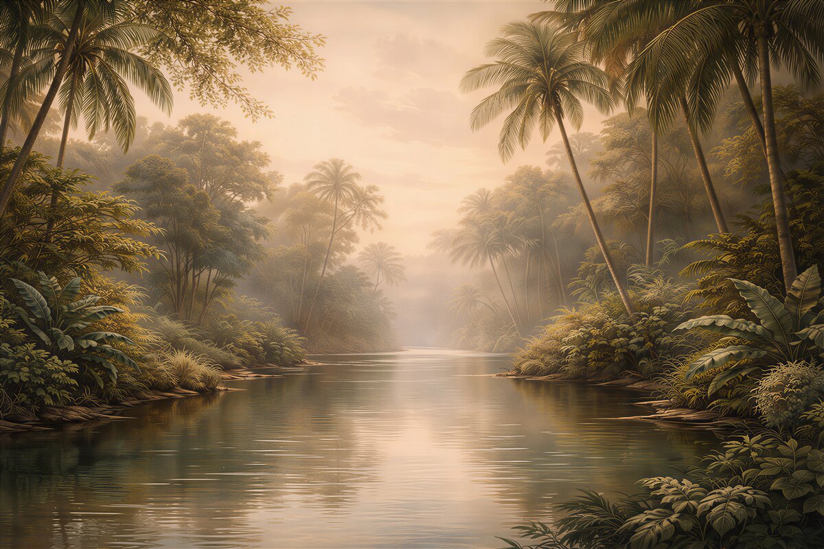 Fototapet Râu în ceață în jungla tropicală