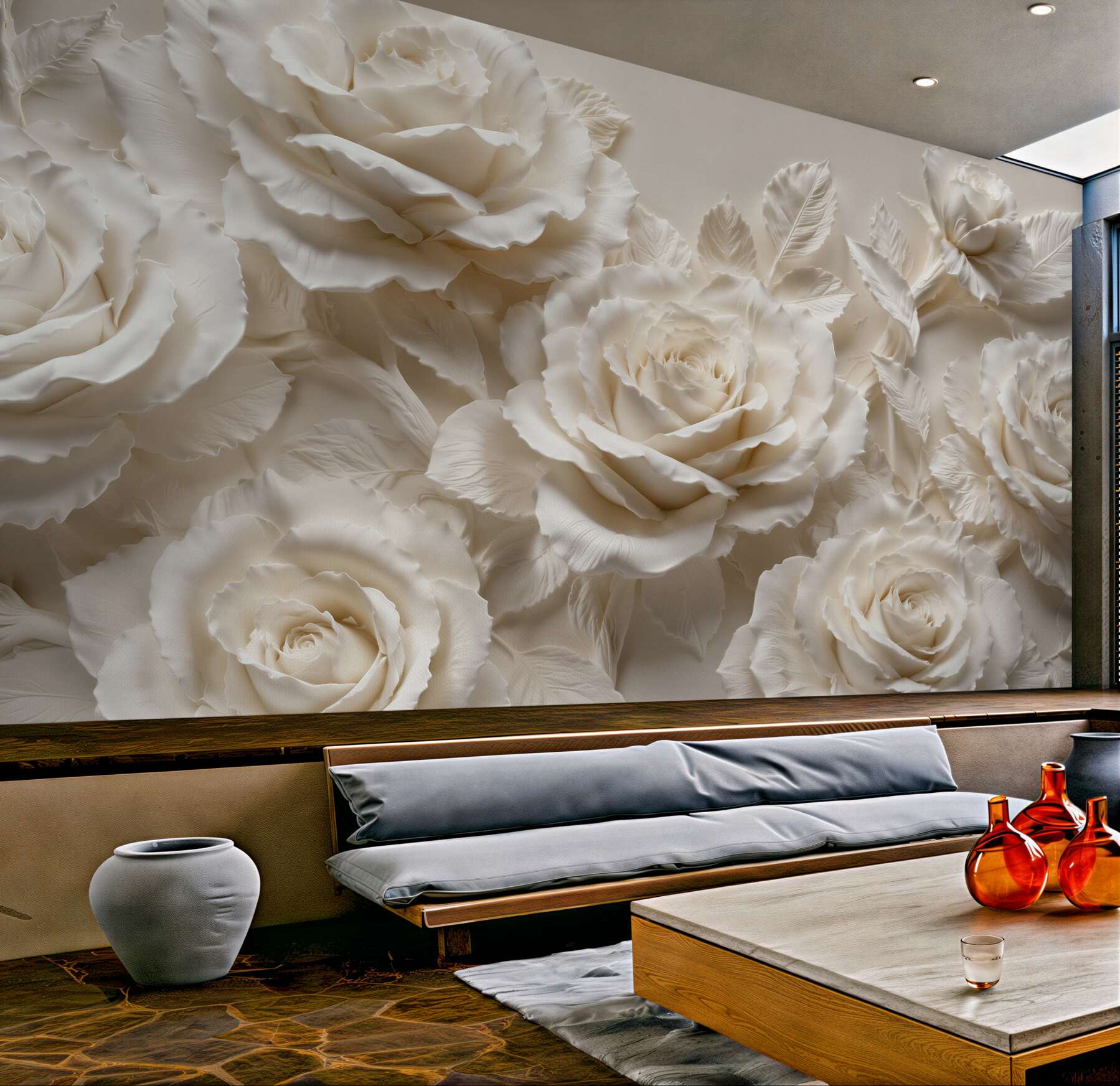 Fototapet Trandafiri crem într-un relief elegant