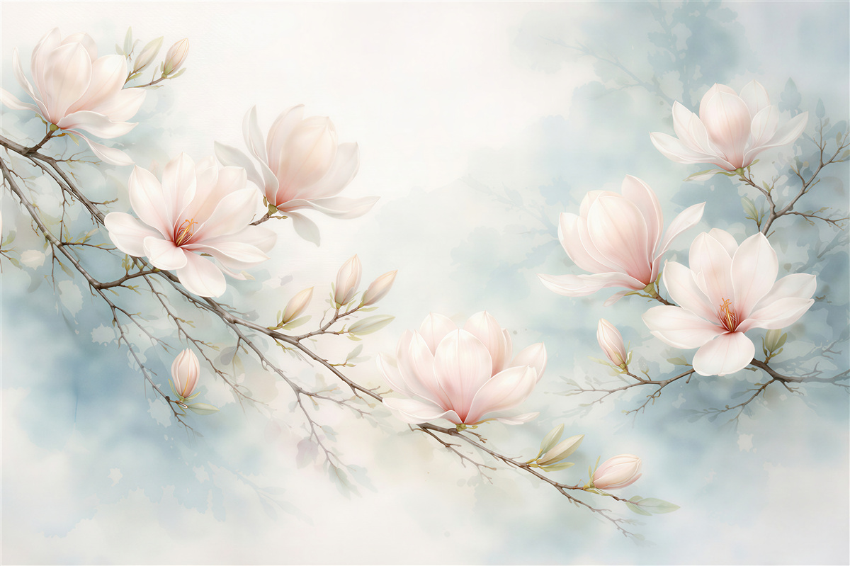 Fototapet Magnolii delicate pe fundal albastru