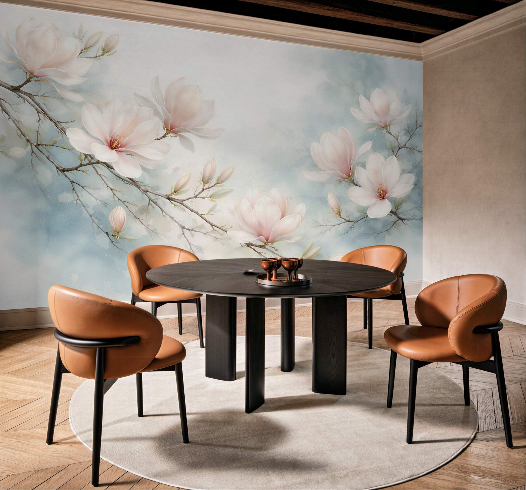 Fototapet Magnolii delicate pe fundal albastru