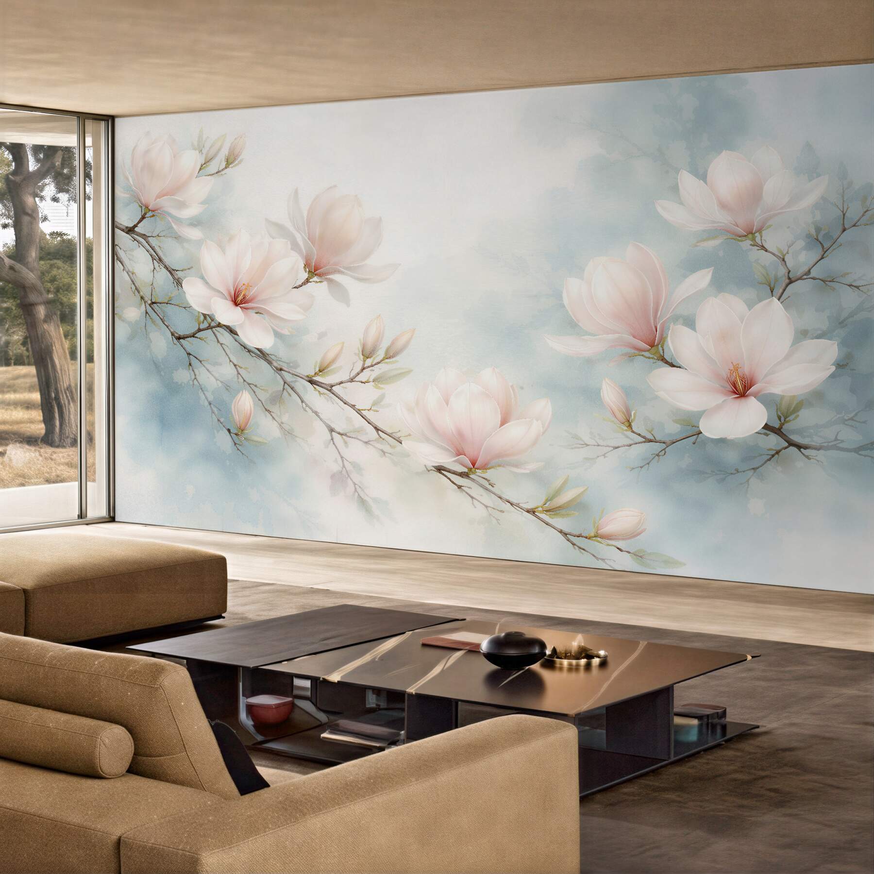 Fototapet Magnolii delicate pe fundal albastru