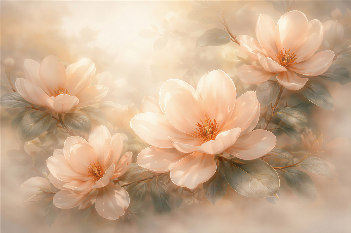 Fototapet Magnolii crem în strălucire aurie