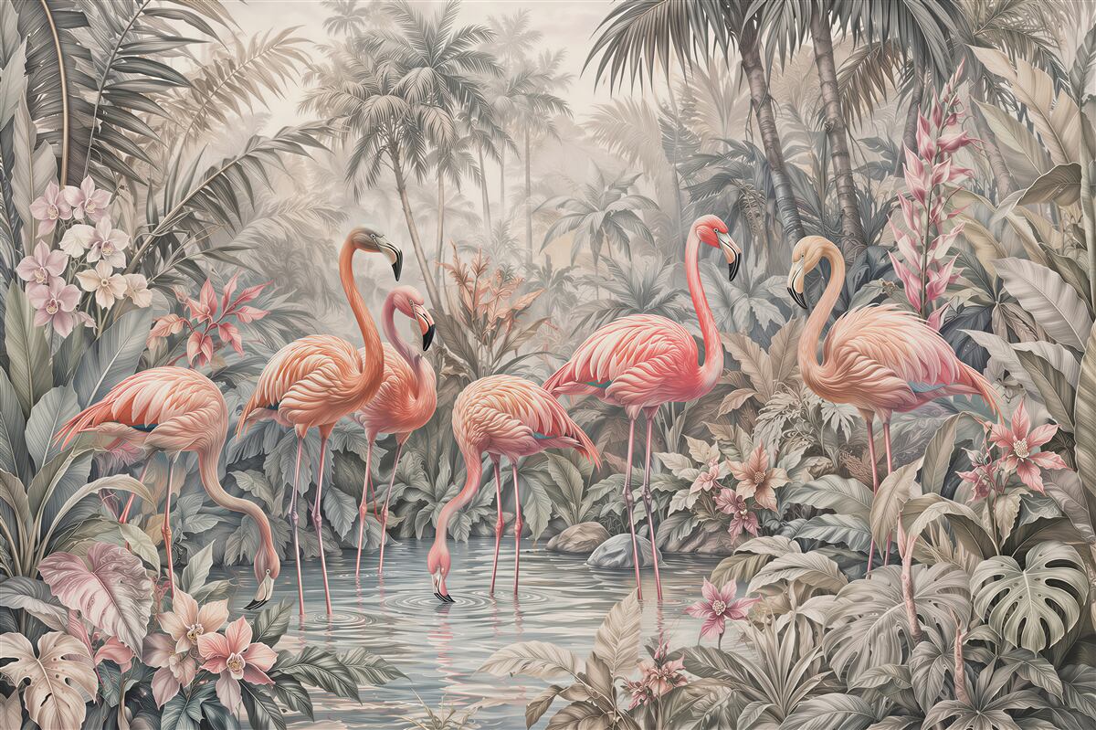 Fototapet Flamingi în junglă pastelată