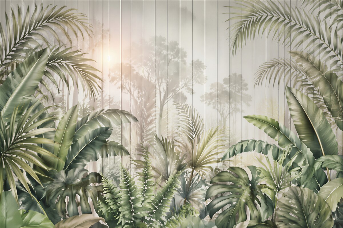 Fototapet Frunze tropicale pe scânduri