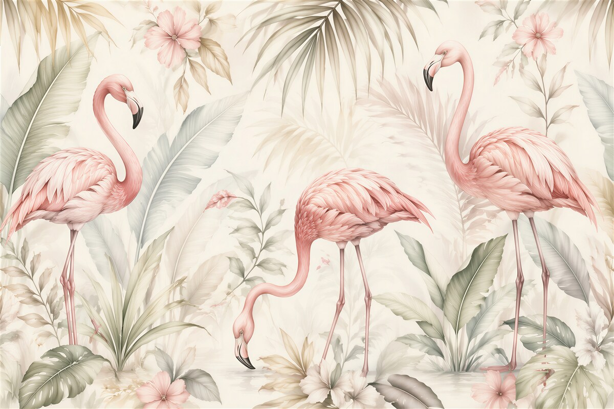 Fototapet Flamingi pastel în grădină tropicală