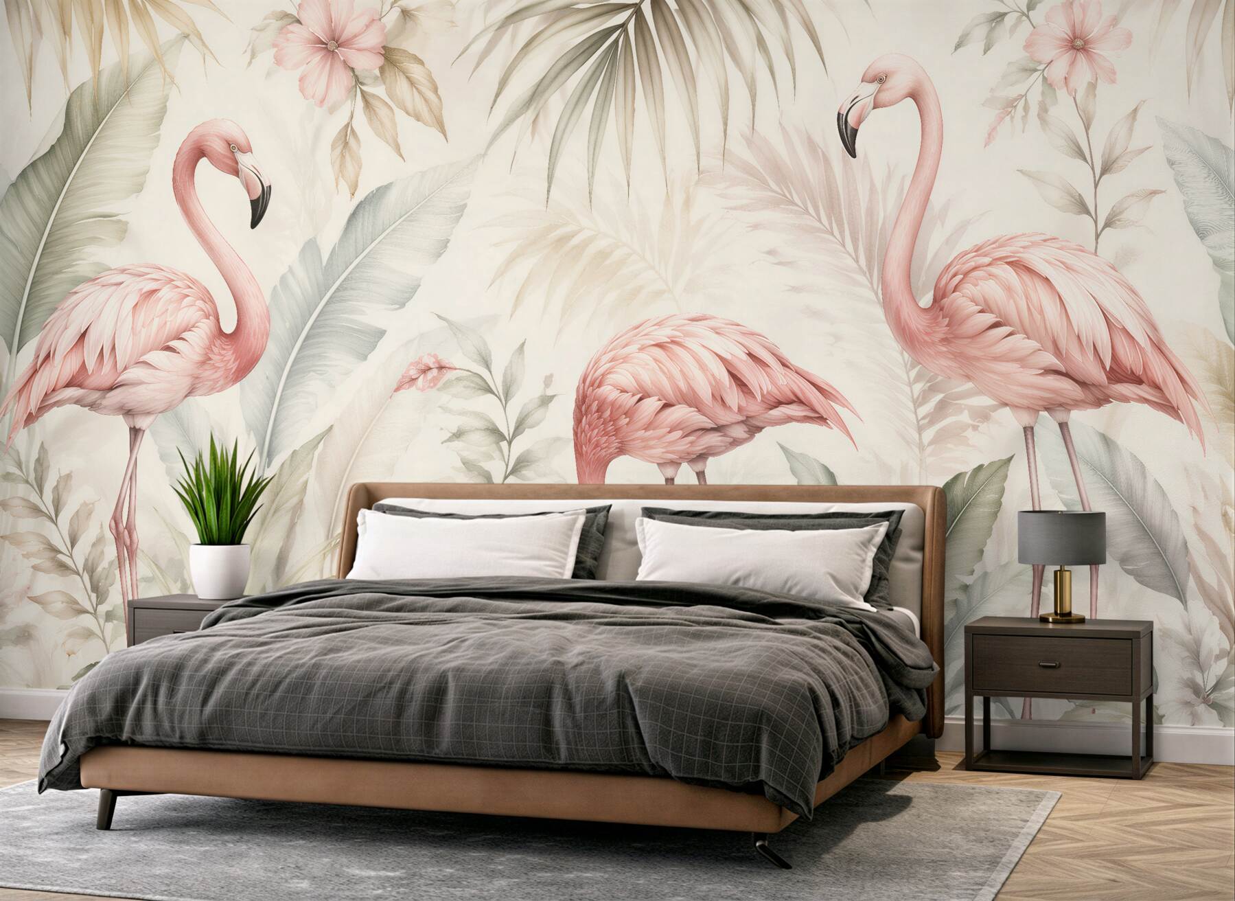 Fototapet Flamingi pastel în grădină tropicală