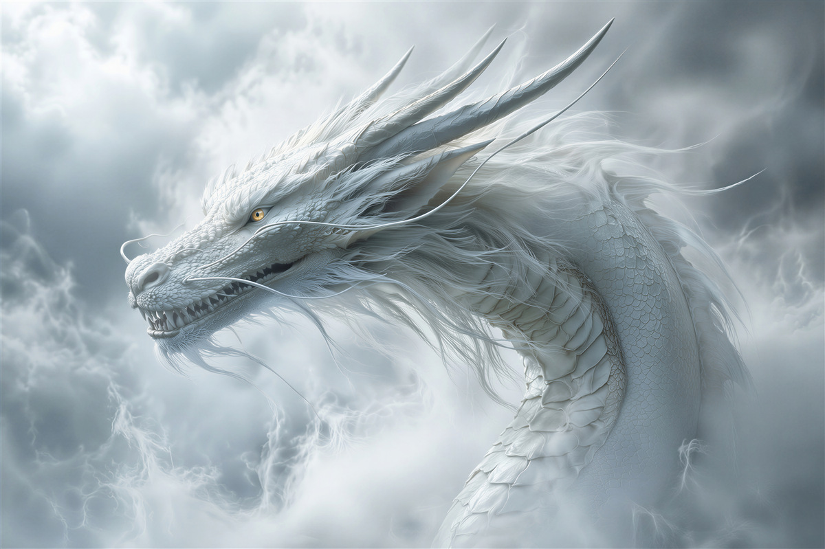 Fototapet Dragon alb în nori furtunoși