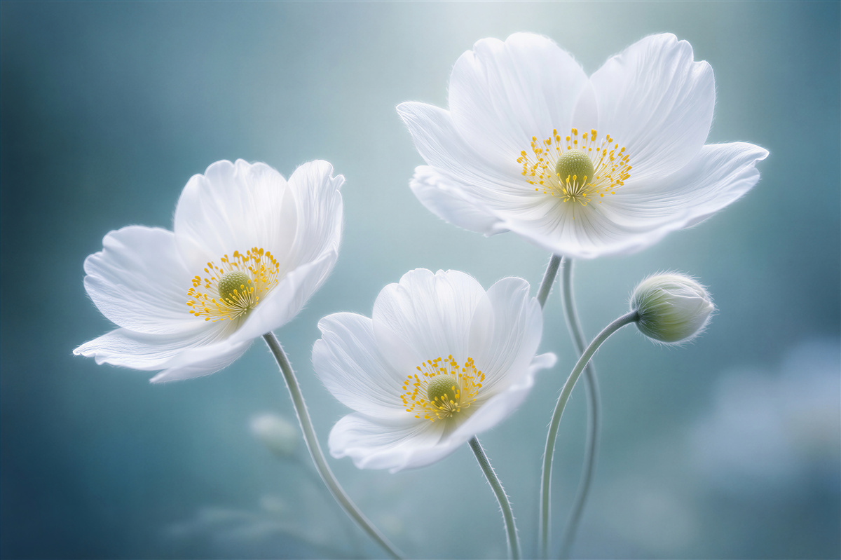 Fototapet Flori albe eterice în albastru